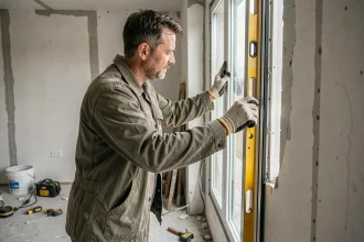 Artisan posant un cadre de fenêtre à double vitrage dans une ouverture murale en cours de rénovation