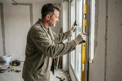 Artisan posant un cadre de fenêtre à double vitrage dans une ouverture murale en cours de rénovation