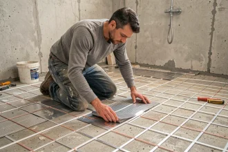Artisan posant un plancher chauffant électrique sur sol en béton lors d'une rénovation de salle de bain