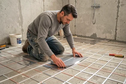 Artisan posant un plancher chauffant électrique sur sol en béton lors d'une rénovation de salle de bain