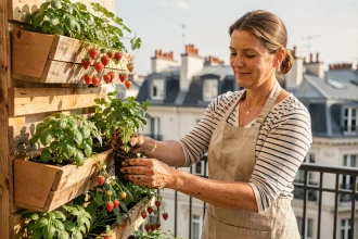 Femme entretenant un potager vertical sur balcon urbain avec herbes aromatiques et fraisiers en pots modulaires