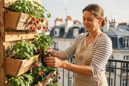 Femme entretenant un potager vertical sur balcon urbain avec herbes aromatiques et fraisiers en pots modulaires