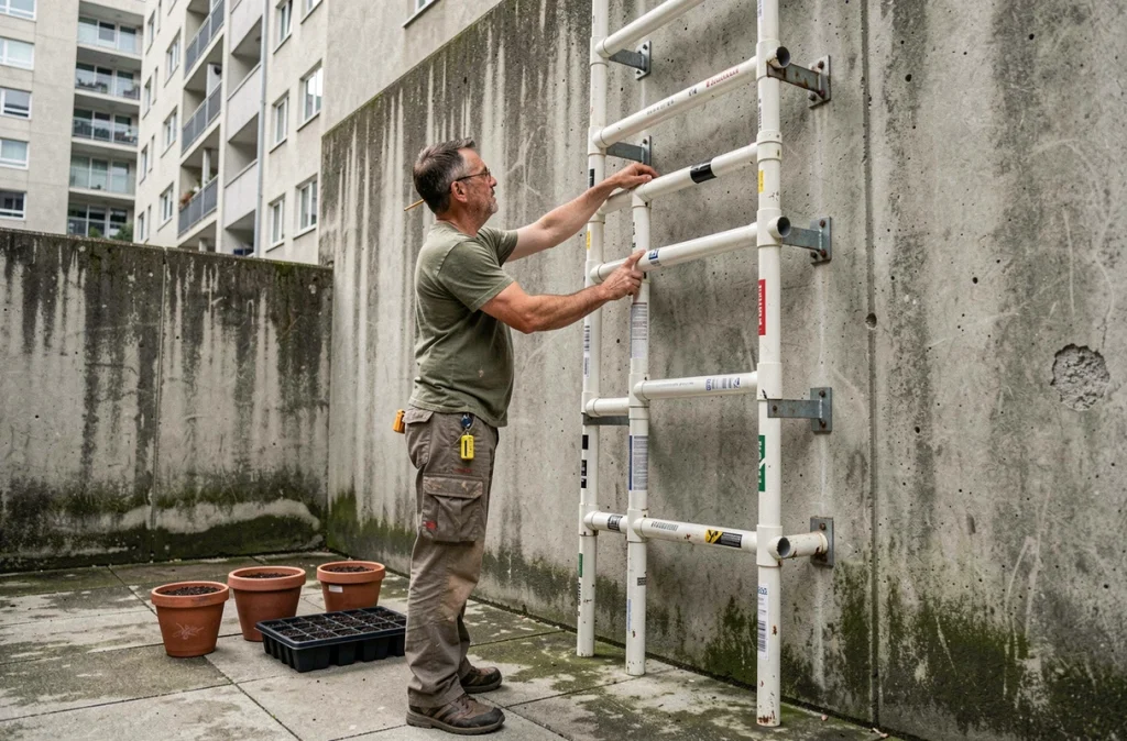 Homme assemblant un potager vertical DIY en tuyaux PVC dans une cour intérieure d'immeuble urbain