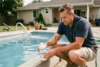 Homme lisant les instructions sur un produit chimique pour piscine lors de la première mise en eau