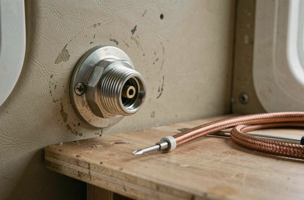 Gros plan d'une prise coaxiale femelle et d'un câble coaxial sur une paroi intérieure de caravane