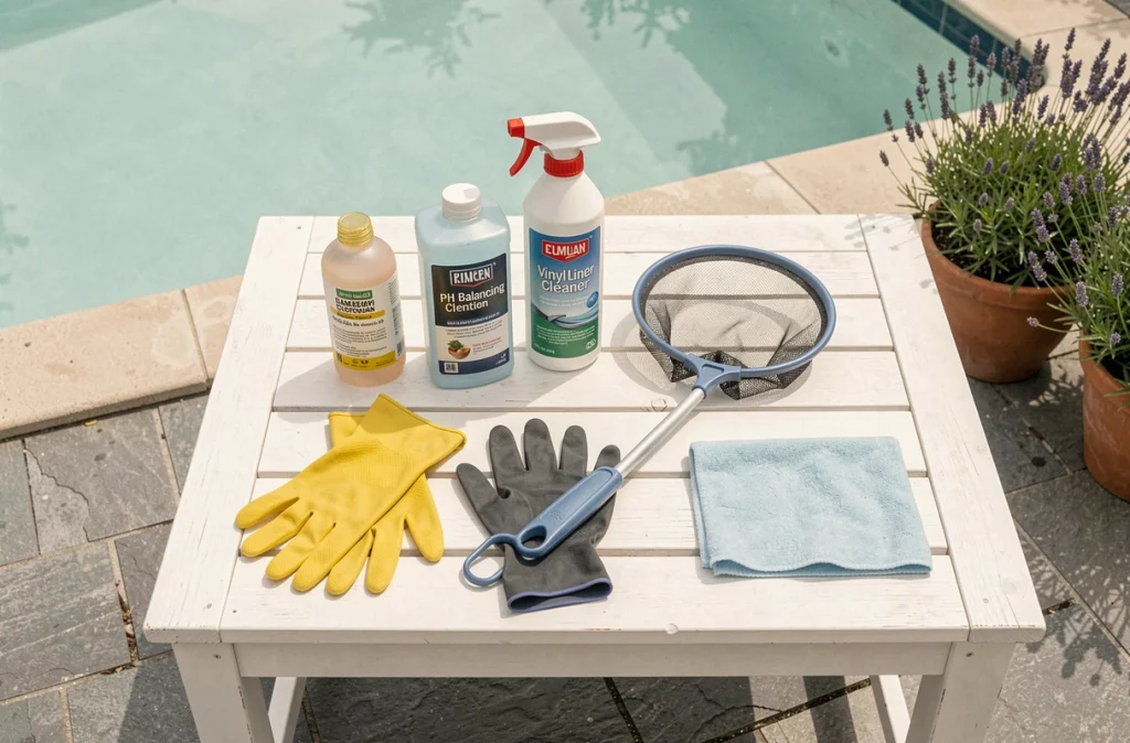 Produits indispensables pour l'entretien du liner de piscine disposés sur une table extérieure