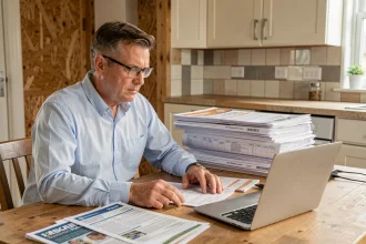 Propriétaire consultant des documents d'aides d'État pour financer ses travaux de rénovation à domicile
