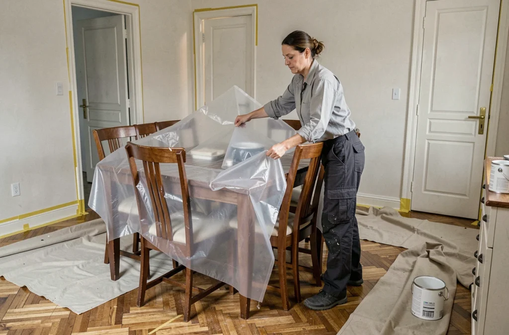 Femme protégeant les meubles avec une bâche plastique avant de peindre une salle à manger
