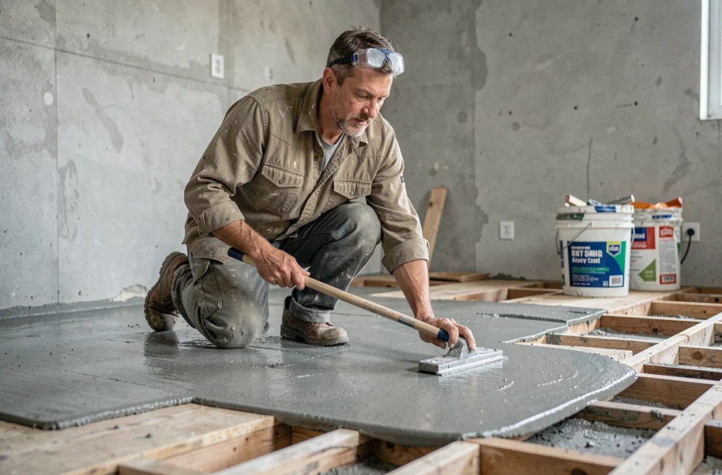 Poseur de ragréage étalant une couche d'autolissant sur un plancher en bois dans une cuisine en rénovation