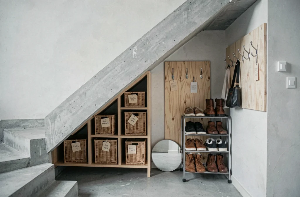 Espace de rangement fonctionnel sous un escalier flottant en béton avec paniers en osier, crochets et porte-manteaux
