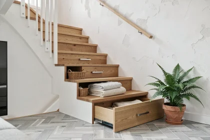 Rangements intégrés sous un escalier en bois avec tiroirs encastrés dans les contremarches, style scandinave épuré