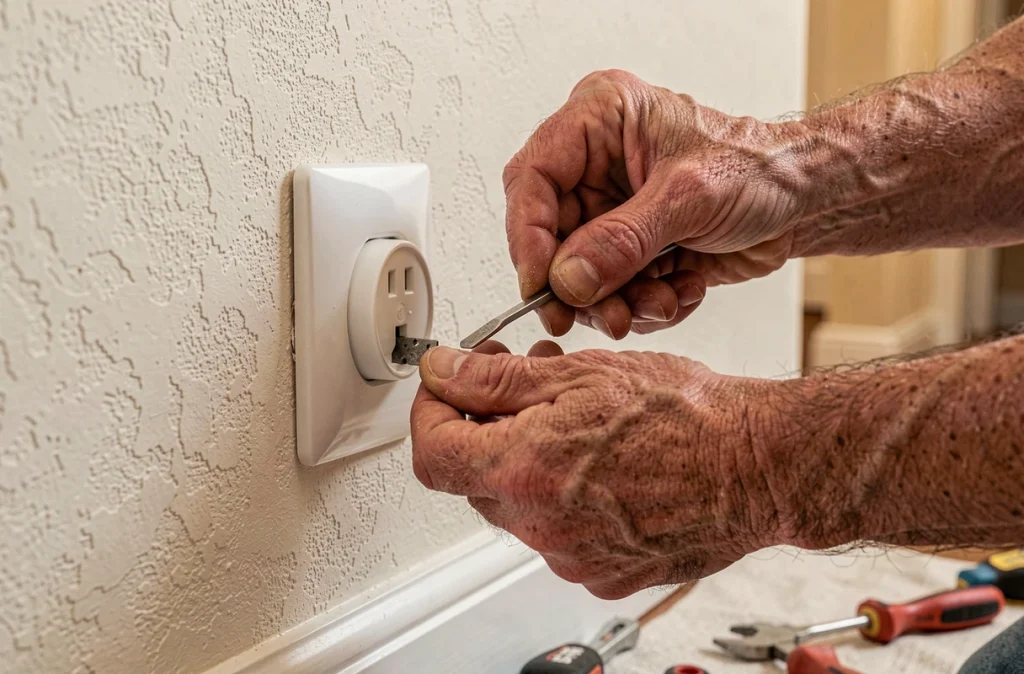 Mains d'un électricien remplaçant une prise électrique ancienne par un modèle moderne mis à la terre dans un intérieur résidentiel