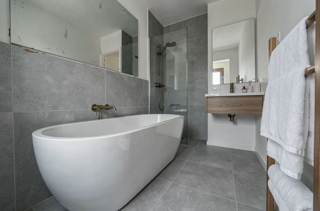 Salle de bain moderne entièrement rénovée avec baignoire îlot, double vasque et carrelage grand format résultat de travaux optimisés