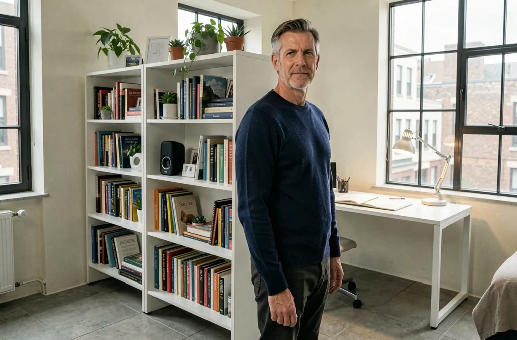 Homme debout près d'une bibliothèque séparatrice délimitant un espace bureau dans un petit appartement avec sol en béton et fenêtres en acier