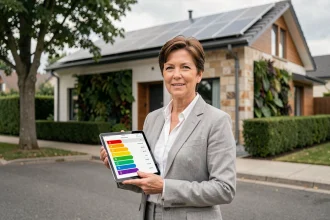 Femme tenant une tablette affichant un diagnostic de performance énergétique devant une maison écologique avec panneaux solaires