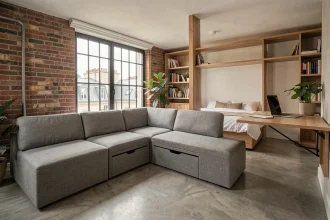 Studio urbain compact avec mobilier modulable gris et bois, canapé convertible avec rangements intégrés et bureau mural rabattable dans un appartement parisien au sol en béton ciré