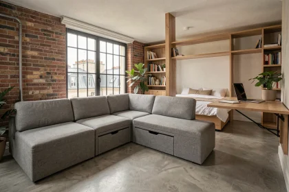 Studio urbain compact avec mobilier modulable gris et bois, canapé convertible avec rangements intégrés et bureau mural rabattable dans un appartement parisien au sol en béton ciré