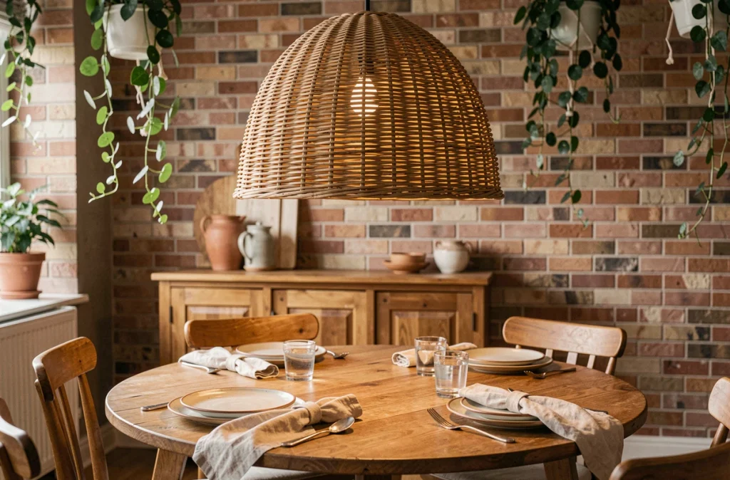 Suspension en rotin tressé au-dessus d'une table en chêne dressée pour deux dans une salle à manger chaleureuse avec mur en briques