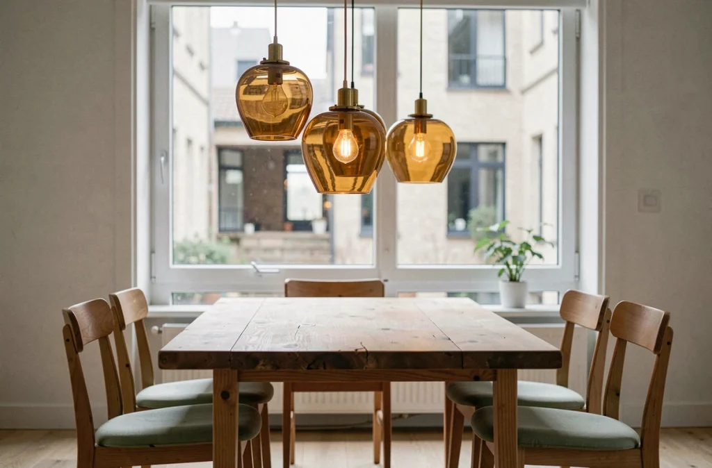 Suspension en verre ambré originale au-dessus d'une table en chêne dans une salle à manger scandinave