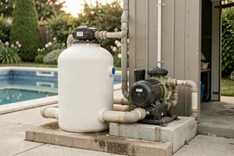 Système de filtration à sable pour piscine résidentielle avec pompe et cuve installées sur dalle béton