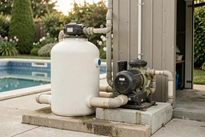 Système de filtration à sable pour piscine résidentielle avec pompe et cuve installées sur dalle béton