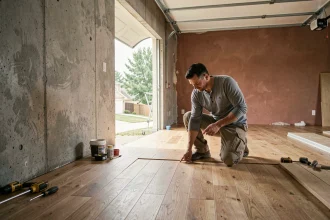 Transformation d'un garage en cours avec sol en bois et murs en béton, entrepreneur inspectant les travaux