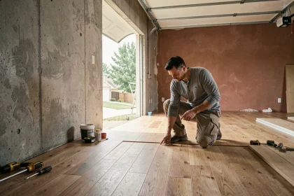 Transformation d'un garage en cours avec sol en bois et murs en béton, entrepreneur inspectant les travaux