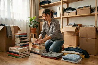 Femme triant ses affaires par catégories sur le sol avant un déménagement, entourée de cartons et de piles de vêtements