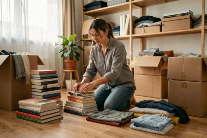 Femme triant ses affaires par catégories sur le sol avant un déménagement, entourée de cartons et de piles de vêtements