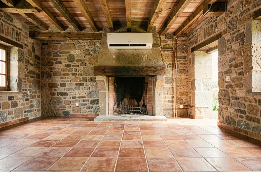 Unité intérieure de pompe à chaleur installée dans le salon d'une vieille ferme rénovée avec poutres apparentes