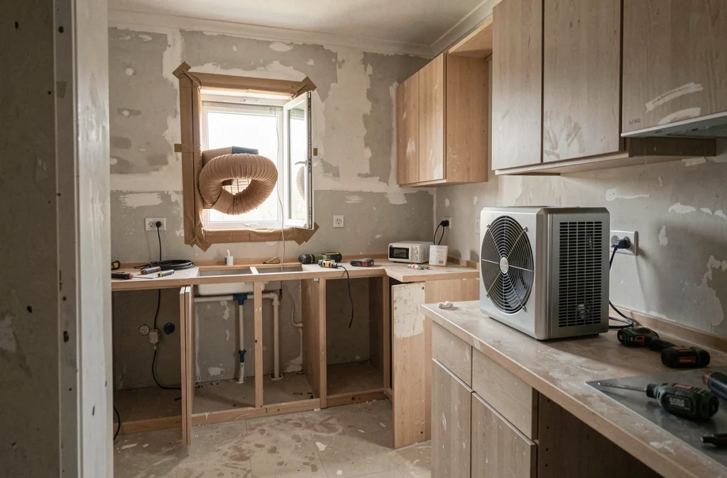 Cuisine en travaux avec système de ventilation improvisé ventilateur et purificateur d'air pendant la rénovation