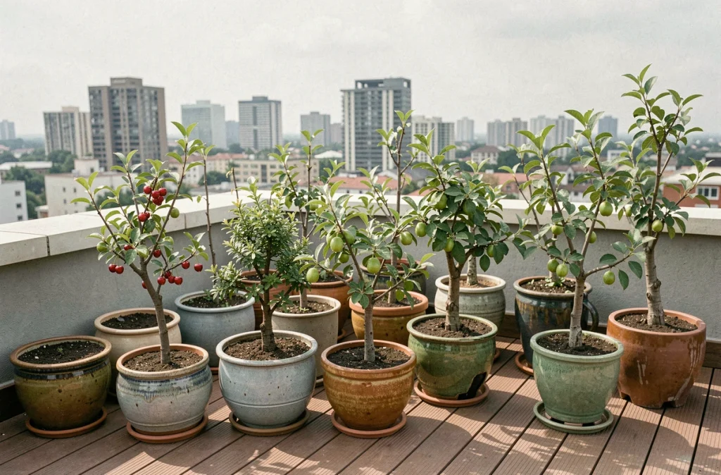 Collection d'arbres fruitiers nains en pots céramiques sur une terrasse de toit en ville