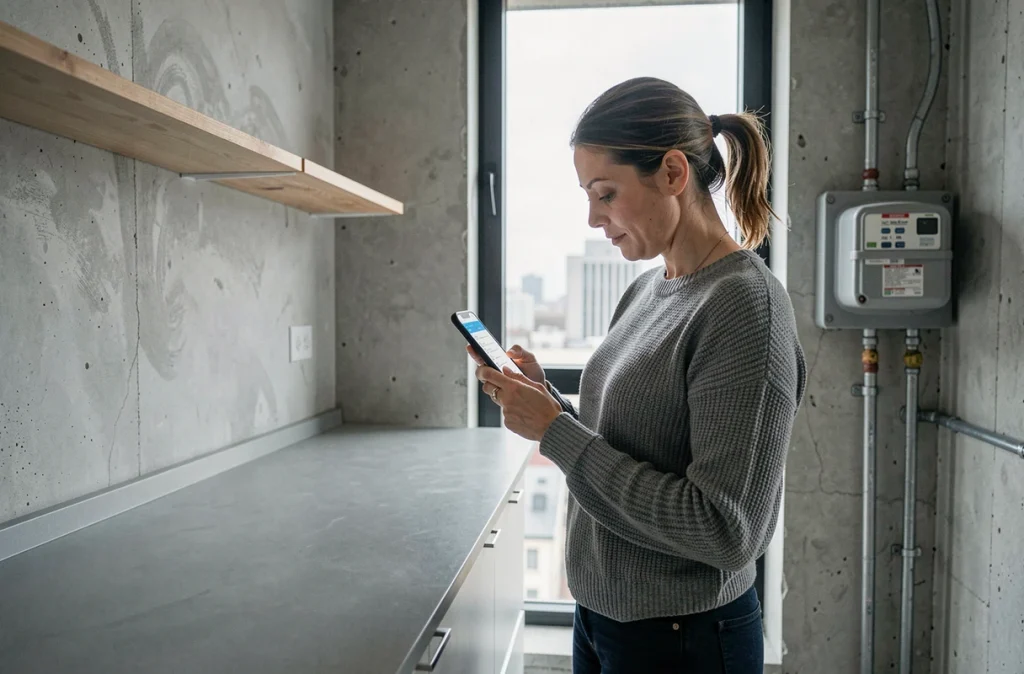 Femme consultant une liste de vérification sur smartphone à côté du compteur de gaz dans un appartement vide