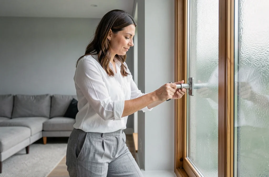 Femme inspectant le verrou de sécurité d'une fenêtre du rez-de-chaussée pour renforcer la protection de sa maison contre les intrusions