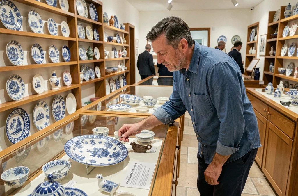 Visiteur découvrant les décors traditionnels de la faïencerie Henriot Quimper dans une boutique-musée consacrée à la céramique bretonne