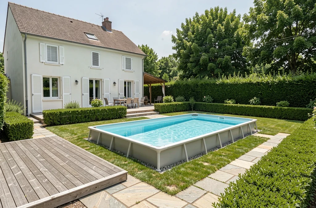 Vue large d'un jardin résidentiel avec emplacement idéal pour piscine en cours d'installation