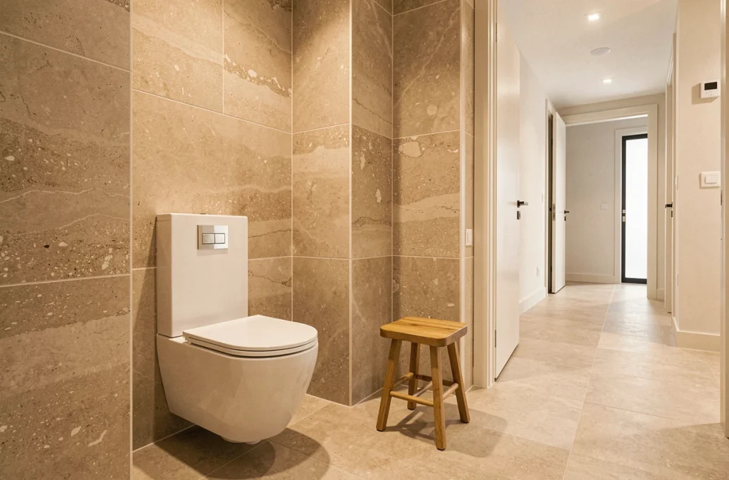 Salle de bain familiale spacieuse avec WC suspendu en alcôve et circulation fluide de chaque côté