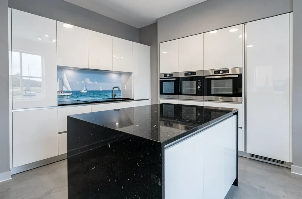 Cuisine contemporaine Arthur Bonnet La Rochelle avec façades laquées blanches et îlot en granit noir