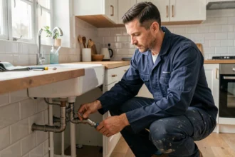 Artisan plombier professionnel inspectant une installation de plomberie dans une cuisine moderne rénovée