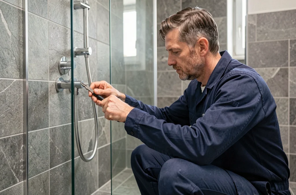 Artisan installateur de salle de bain en Isère ajustant des équipements de douche à l'italienne