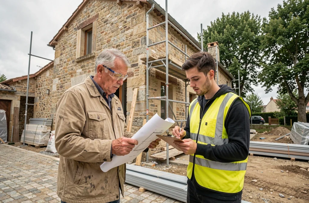 Artisan maître et apprenti sur un chantier de rénovation d'une maison en pierre traditionnelle française