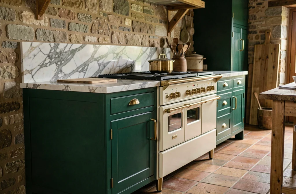 Cuisine artisanale sur mesure Bellet Fabienne en vert forêt profond avec plan en marbre et quincaillerie laiton