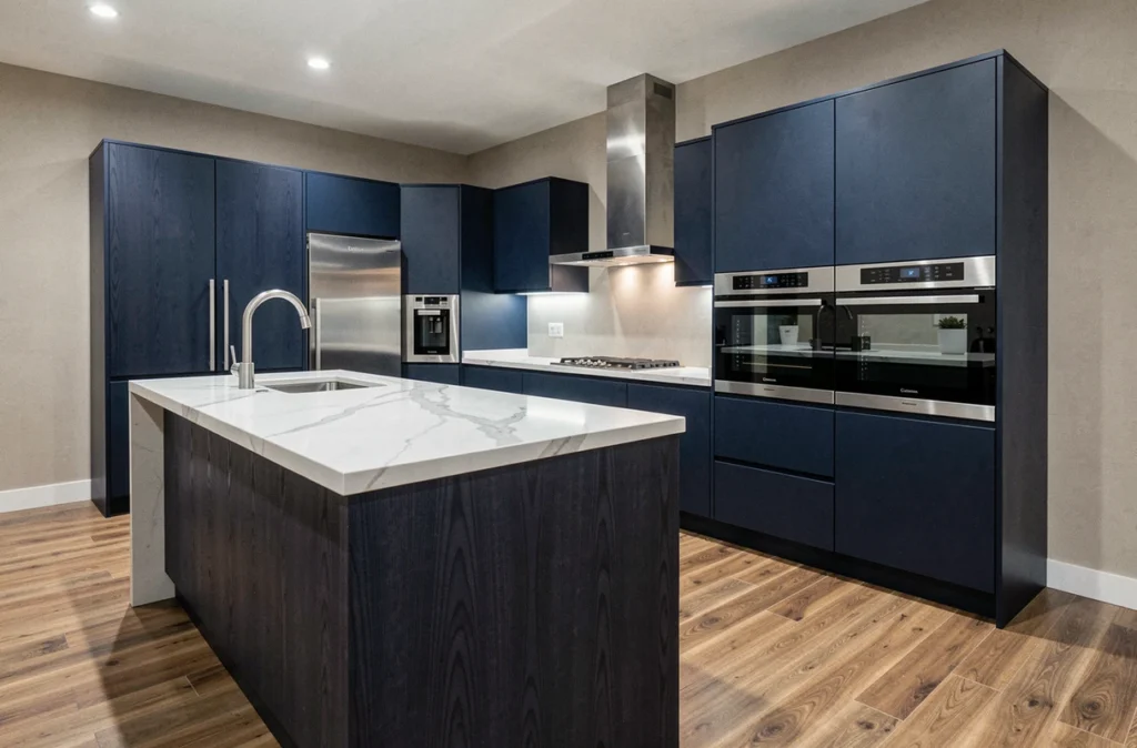 Cuisine sur mesure Cuisines Teissa en bleu marine avec îlot en marbre blanc et équipements intégrés