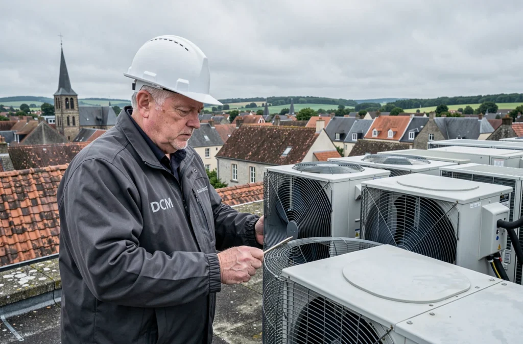 Ingénieur DCM Energies inspectant un système de climatisation multi-unités sur un toit d'immeuble commercial en Normandie