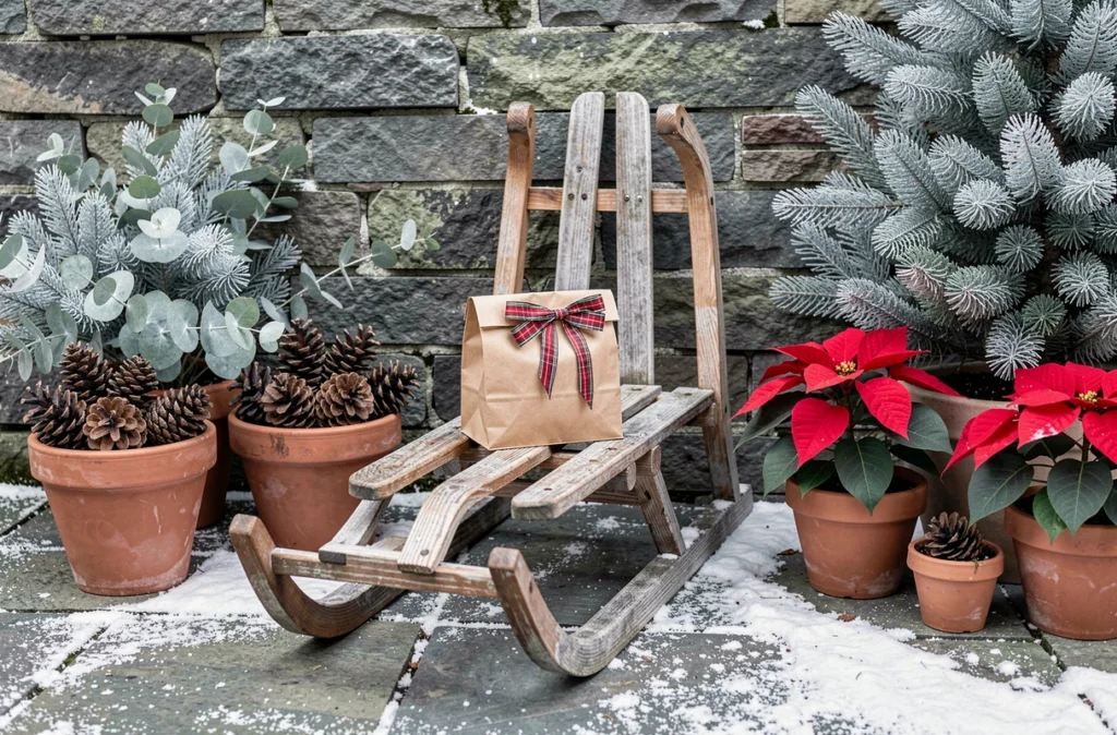 Décor de Noël extérieur instagrammable avec luge en bois, pommes de pin et poinsettias devant un mur en pierre