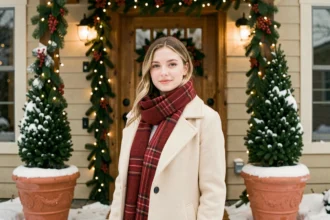 Femme devant un porche de maison décoré pour Noël avec guirlandes de sapin, baies rouges et lumières blanches