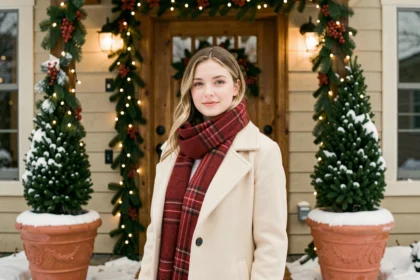 Femme devant un porche de maison décoré pour Noël avec guirlandes de sapin, baies rouges et lumières blanches