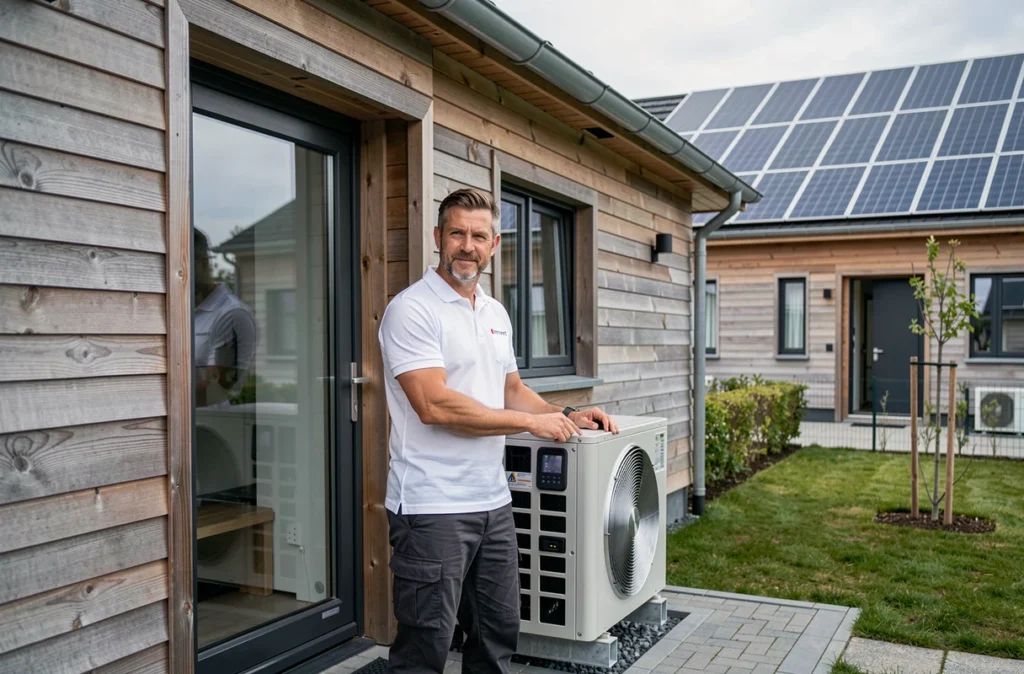 Consultant Enrvert installant une pompe à chaleur réversible sur une maison écologique moderne dans le Calvados