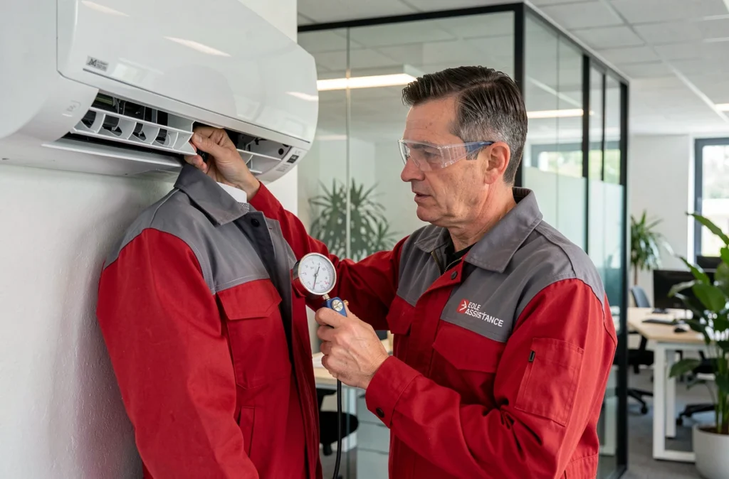 Technicien Eole-assistance réalisant une maintenance de climatiseur dans un espace de bureau moderne à Caen