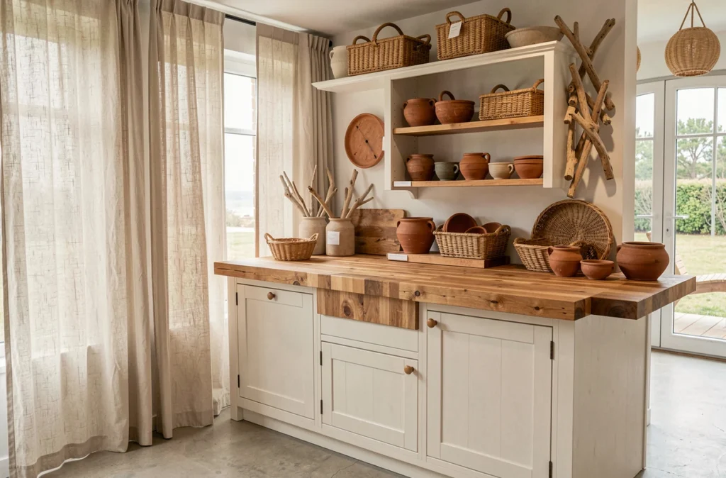 Cuisine bord de mer des Galeries Oléronaises avec meubles en bois blanc et accessoires en rotin naturel